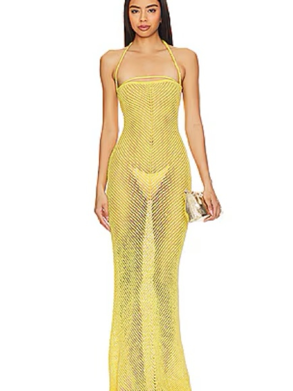 NWT Bananhot Amelia Dress Yellow Sheer Crochet Halter Swim Cover-Up Dress